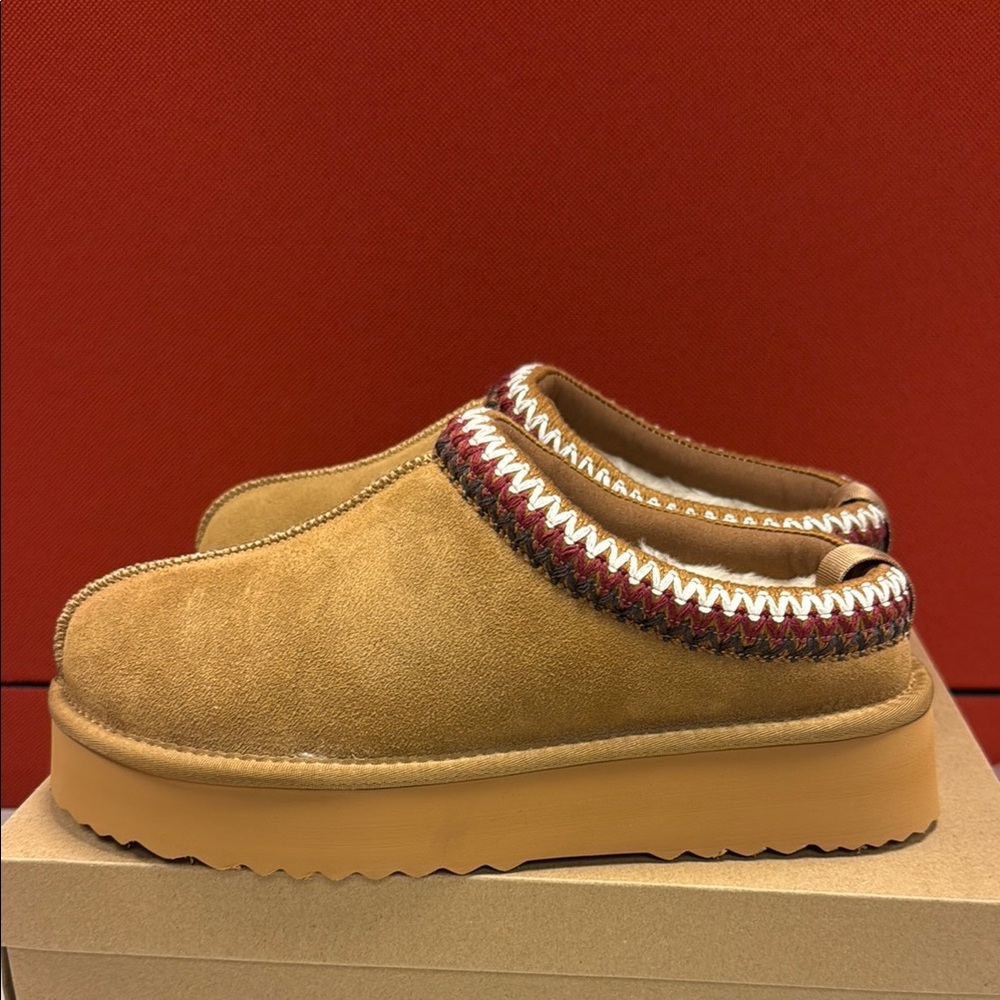 Tan Suede Slip-On Clogs with Colorful Trim